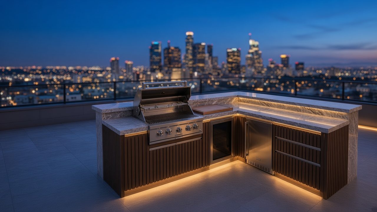 Rooftop finished outdoor kitchen island