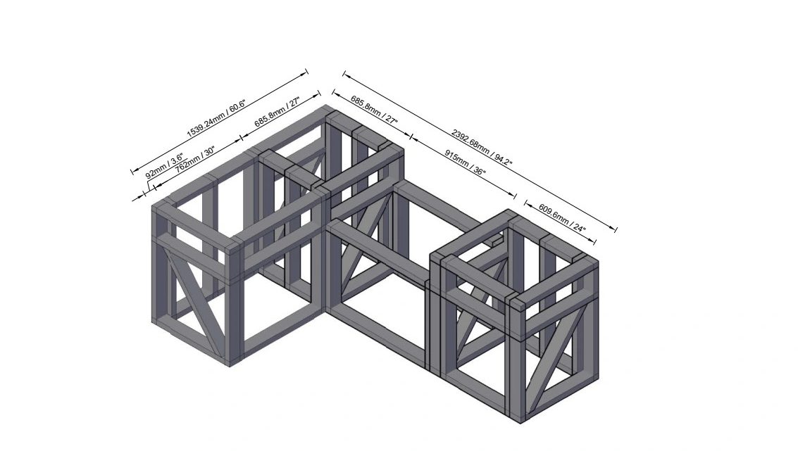 L-shape outdoor kitchen frame CAD with dimensions